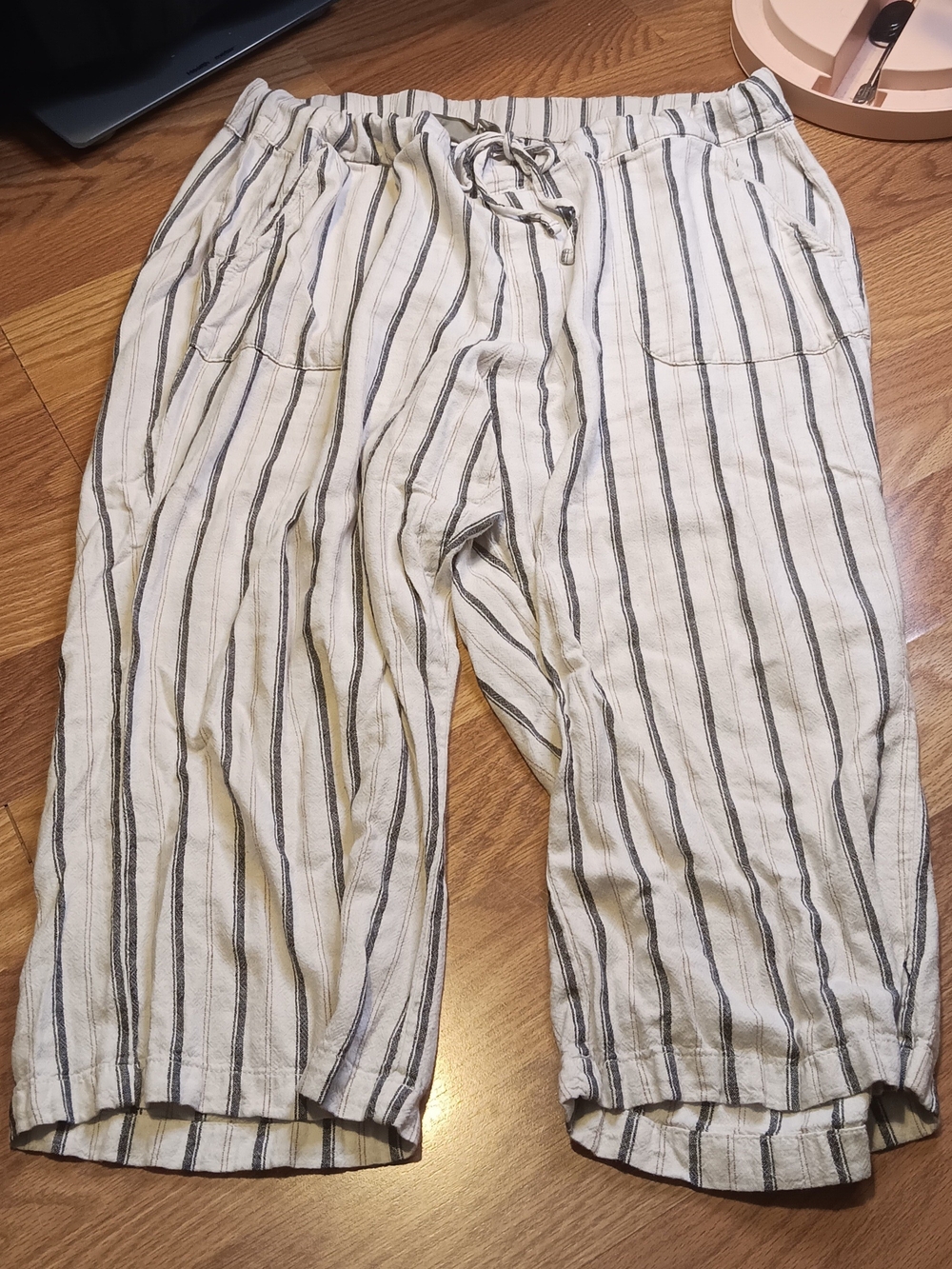 Women's Cream Striped Wide Leg Pants with Drawstring Waist